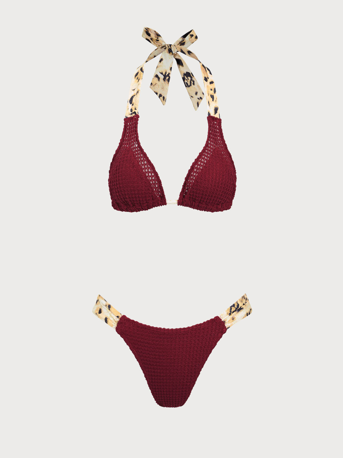 Burgundy Crochet Leopard Print Bikini Set