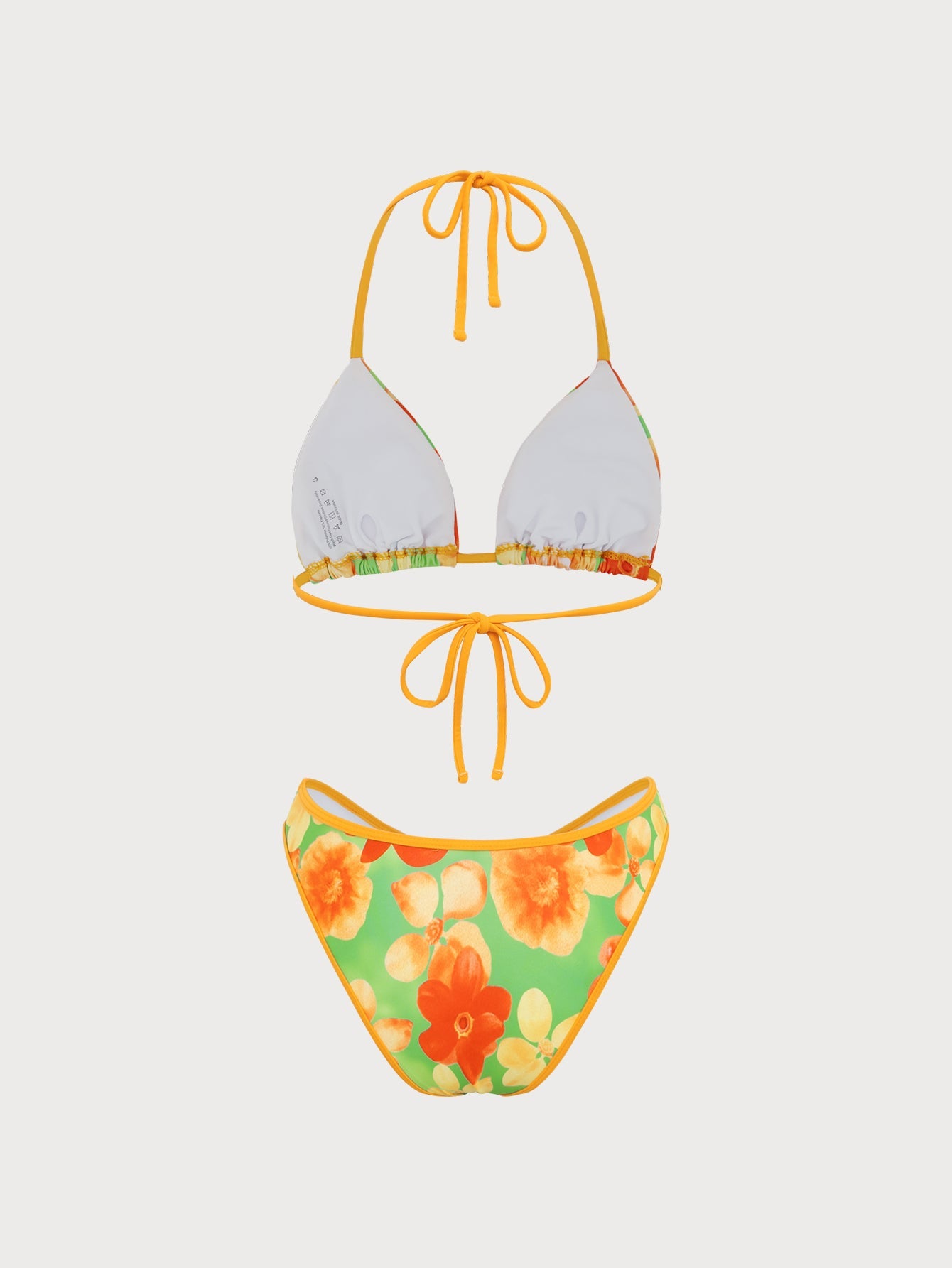 Orange Floral Print Contrast Bikini Set