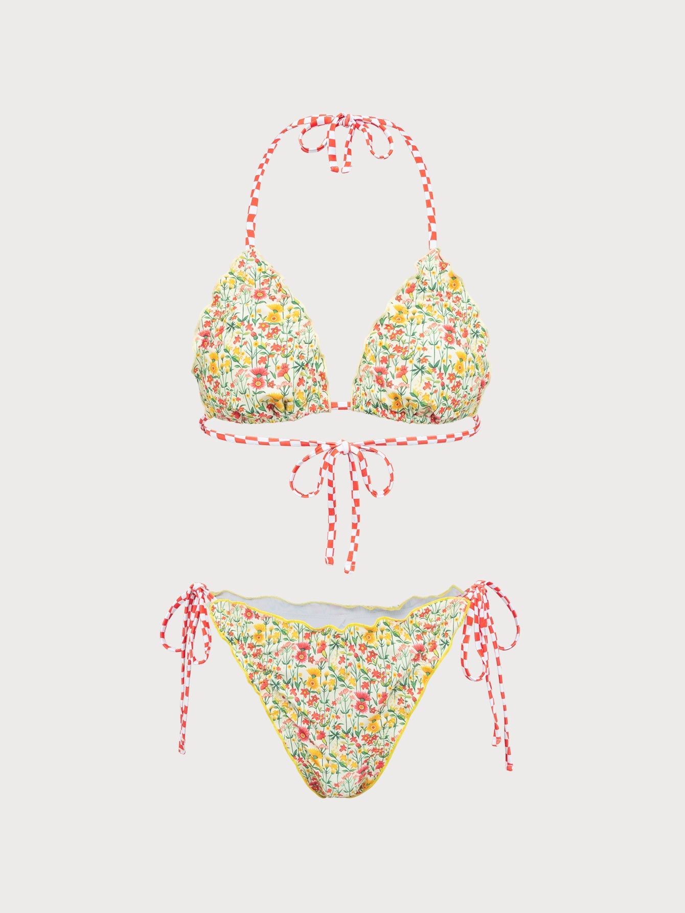 Yellow Floral Ruched Ruffle Bikini Set