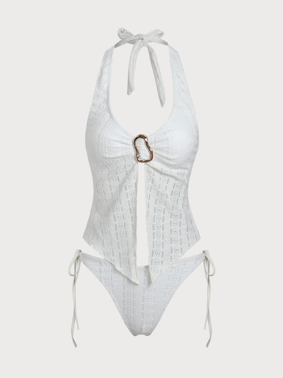 White Irregular Metal Slit Tankini Swimsuit
