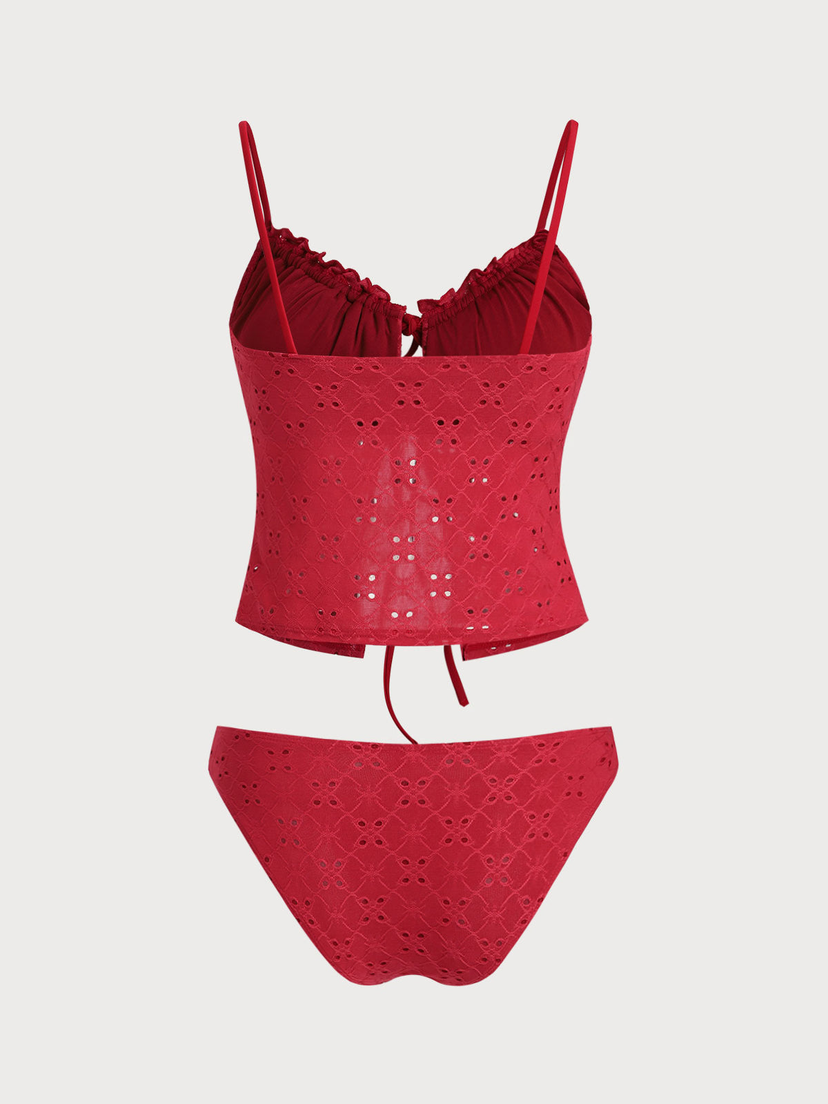 Rose Red Lace Contrast Hollow Tankini Swimsuit
