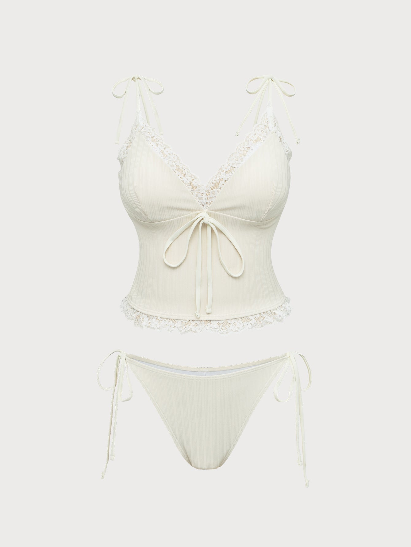 Beige Lace V-Neck Tankini Swimsuit