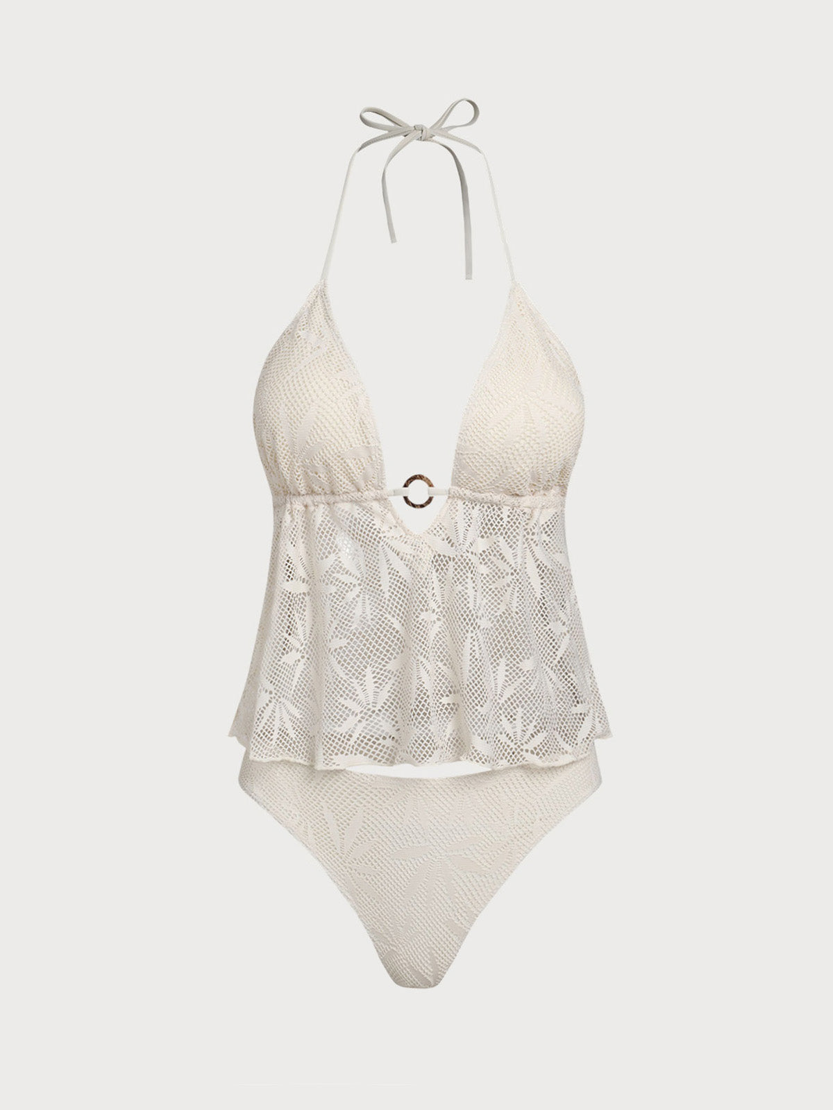 White Mesh Coconut Shell Ring Hollow Tankini Set