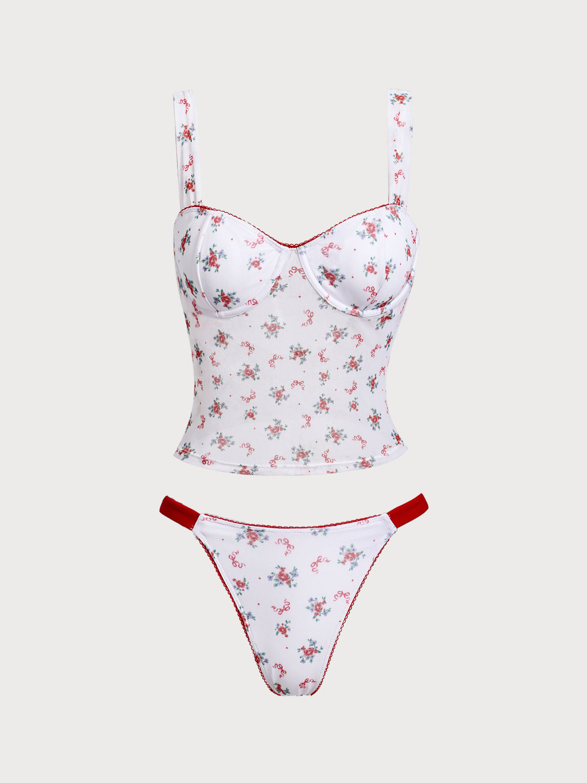 Red Mesh Printed Underwire Tankini Swimsuit