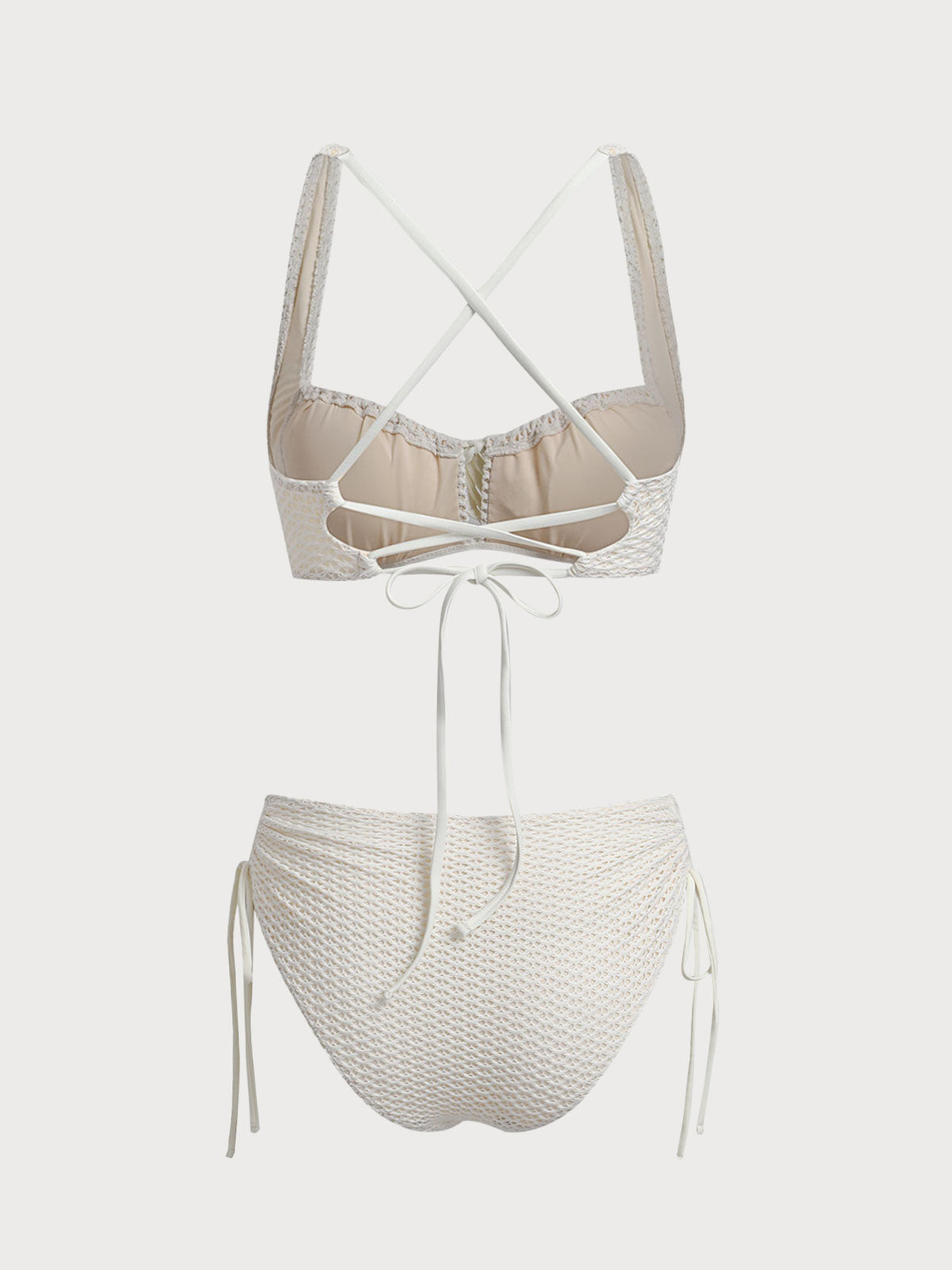 Off White Knitted Mesh Ruched Bikini Set