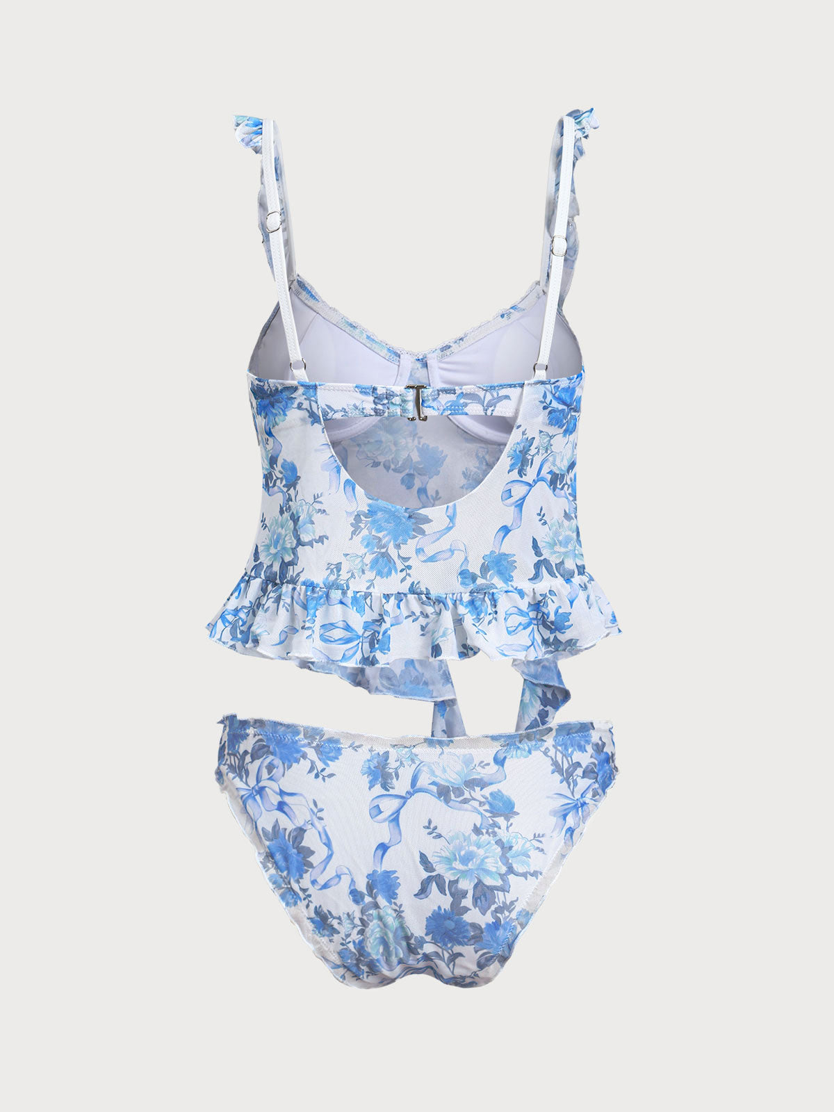 Light Blue Mesh Ruffled Printed Tankini Swimsuit