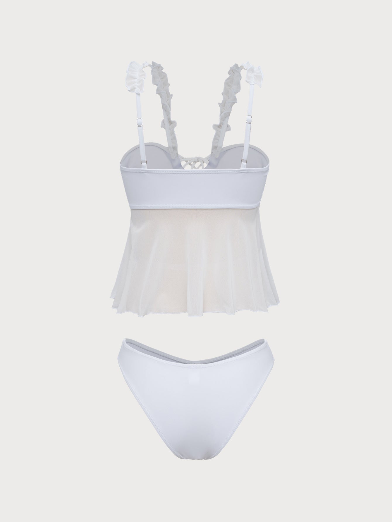 White Mesh Ruffled Tankini Swimsuit