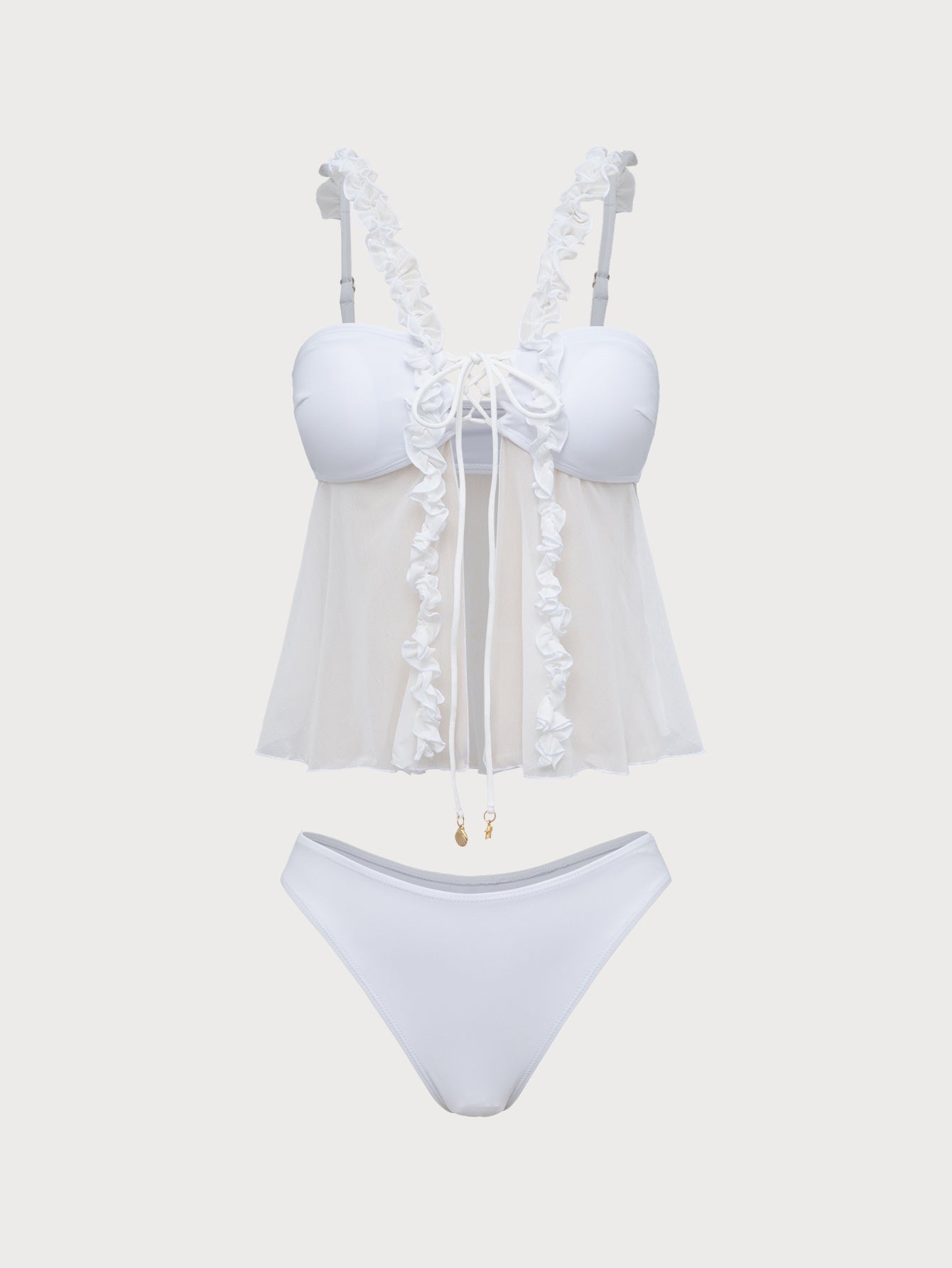 White Mesh Ruffled Tankini Swimsuit