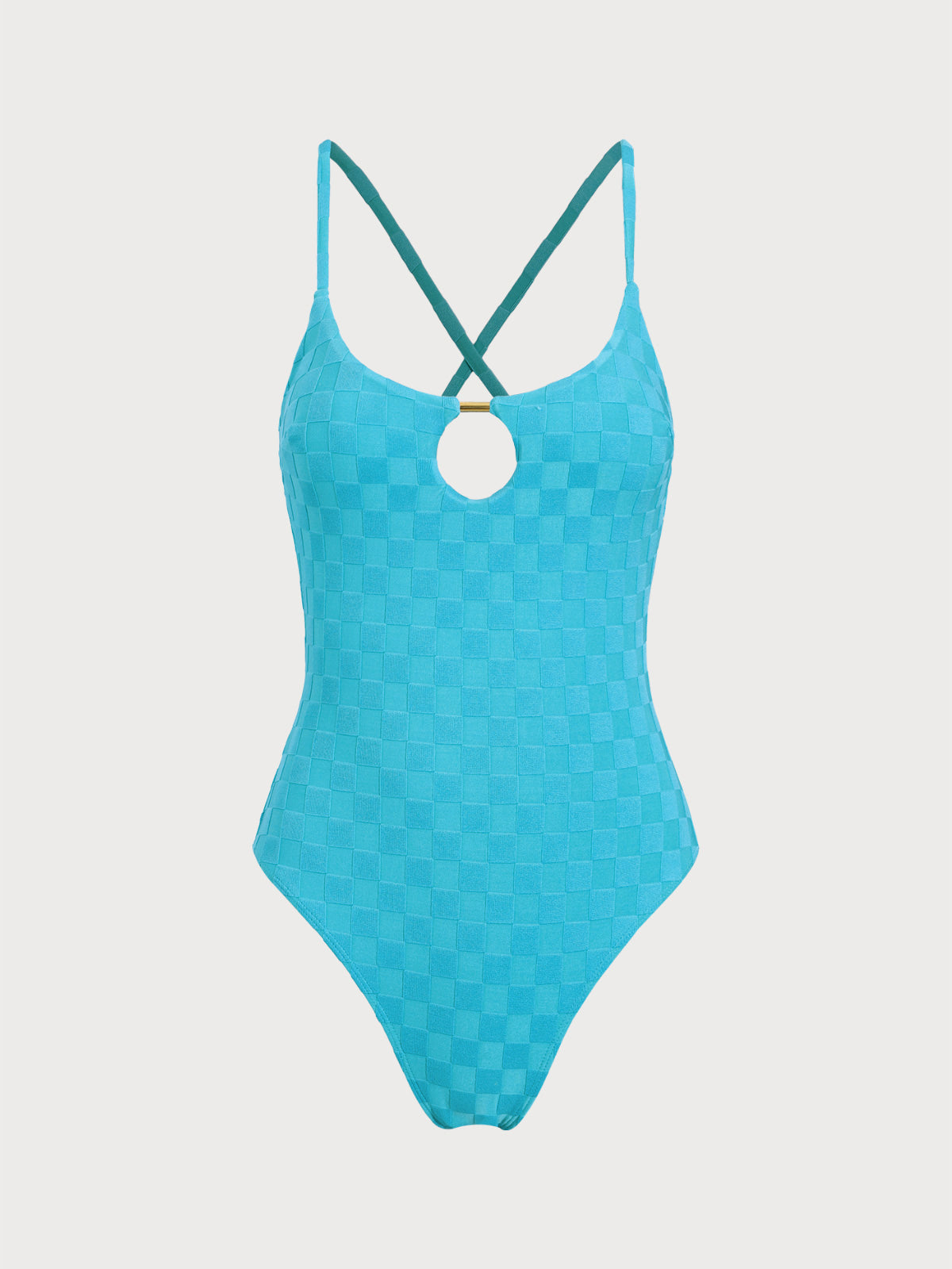 Blue Metal Hollow Plaid One-Piece Swimsuit