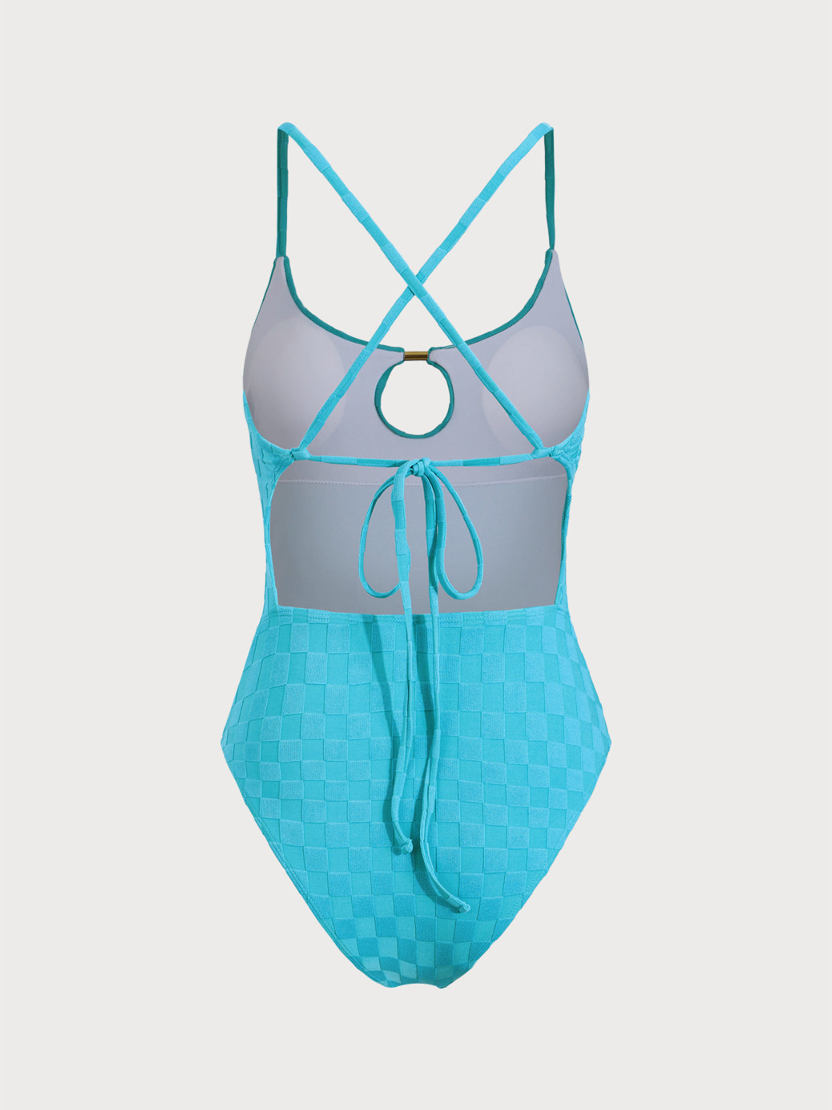 Blue Metal Hollow Plaid One-Piece Swimsuit
