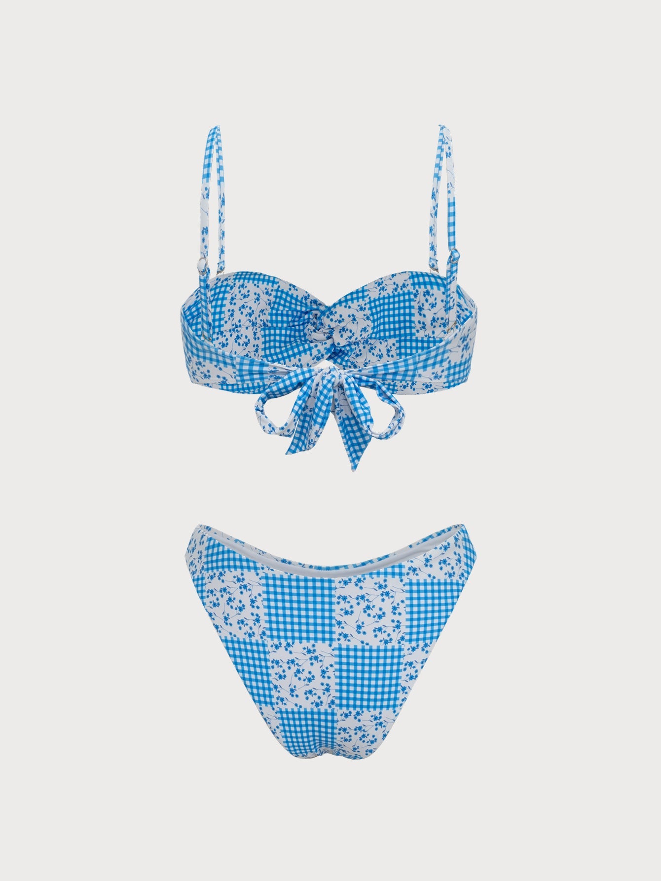 Blue Plaid Floral Print Twist Bikini Set