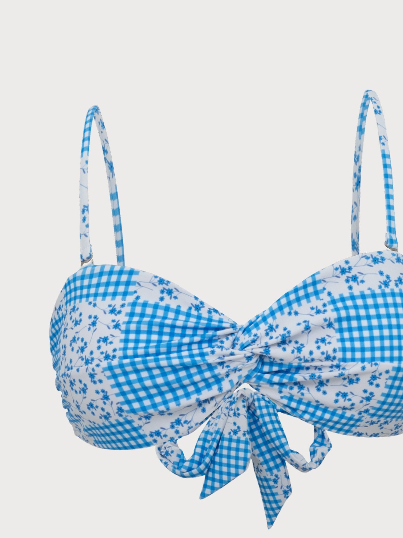 Blue Plaid Floral Print Twist Bikini Set