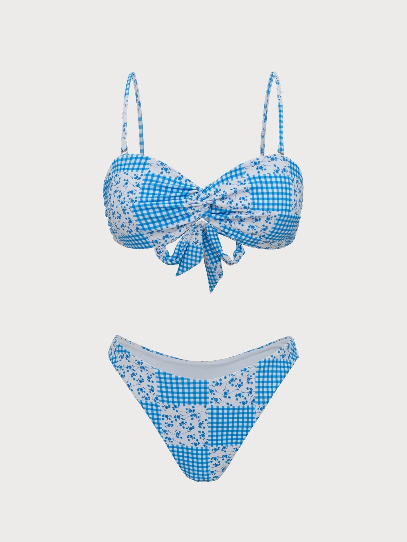 Blue Plaid Floral Print Twist Bikini Set