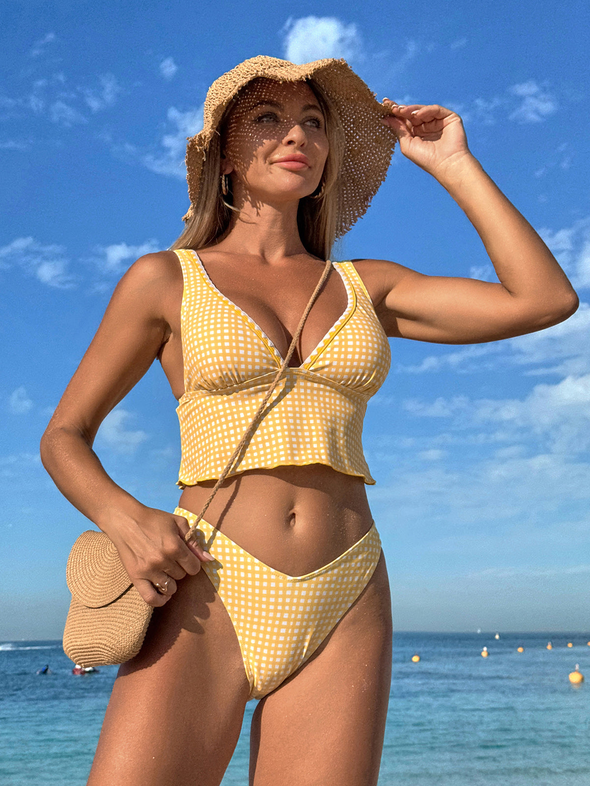 Yellow Plaid Tankini Swimsuit