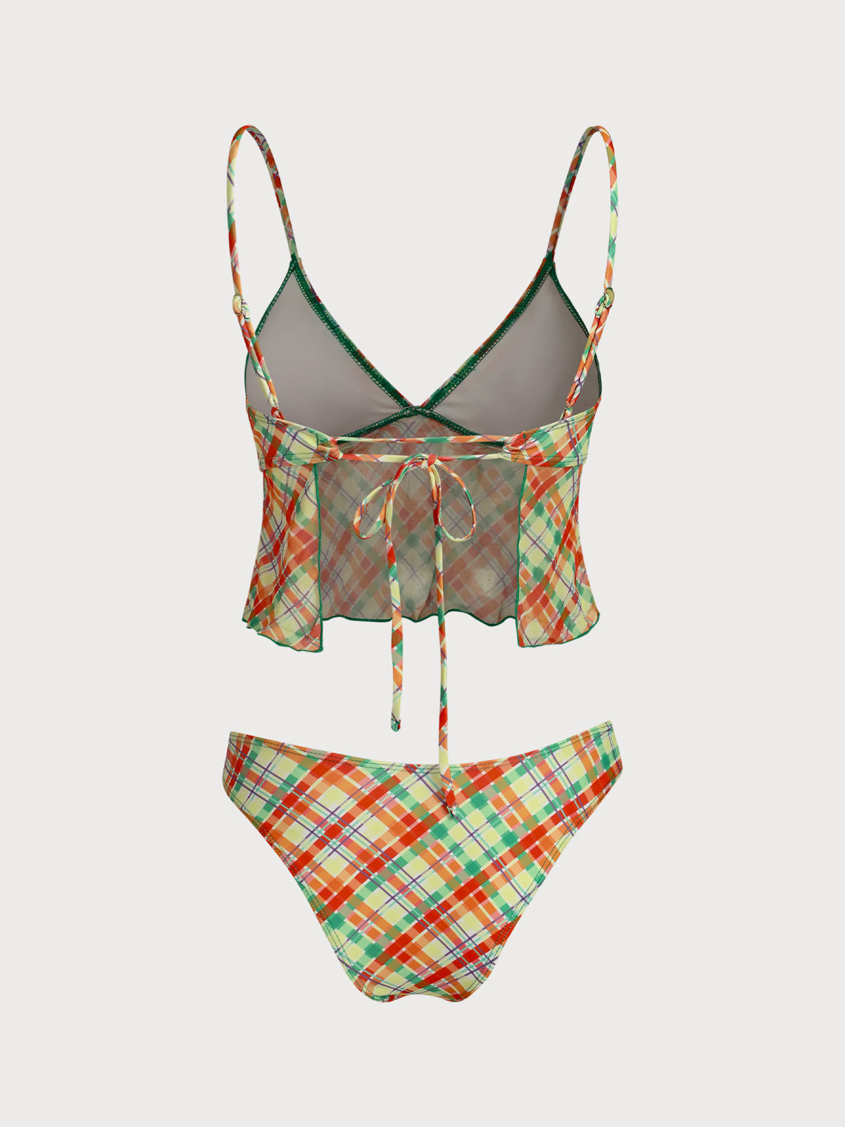 Orange Polyester Knitted Plaid Print Tankini Swimsuit