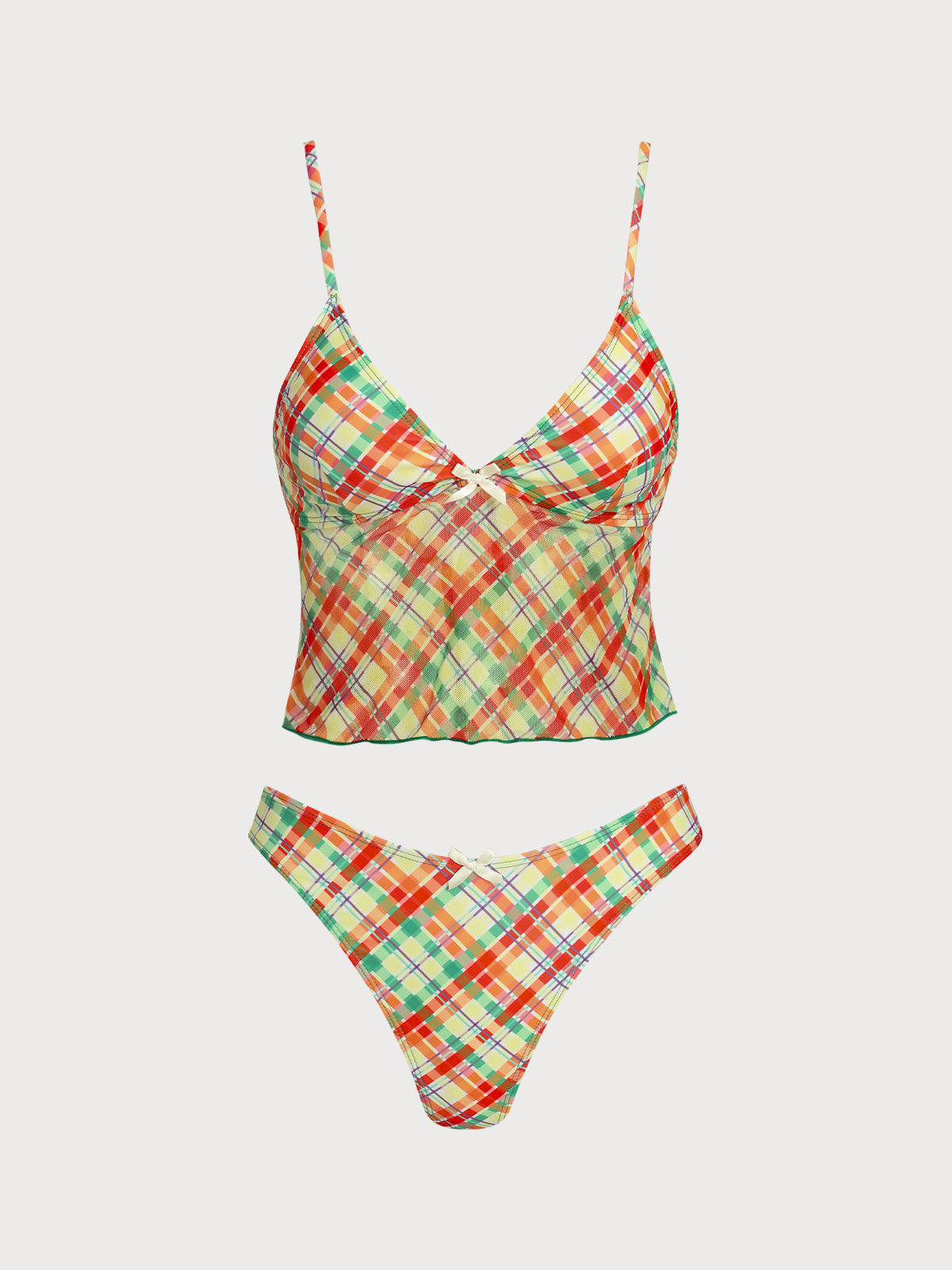 Orange Polyester Knitted Plaid Print Tankini Swimsuit