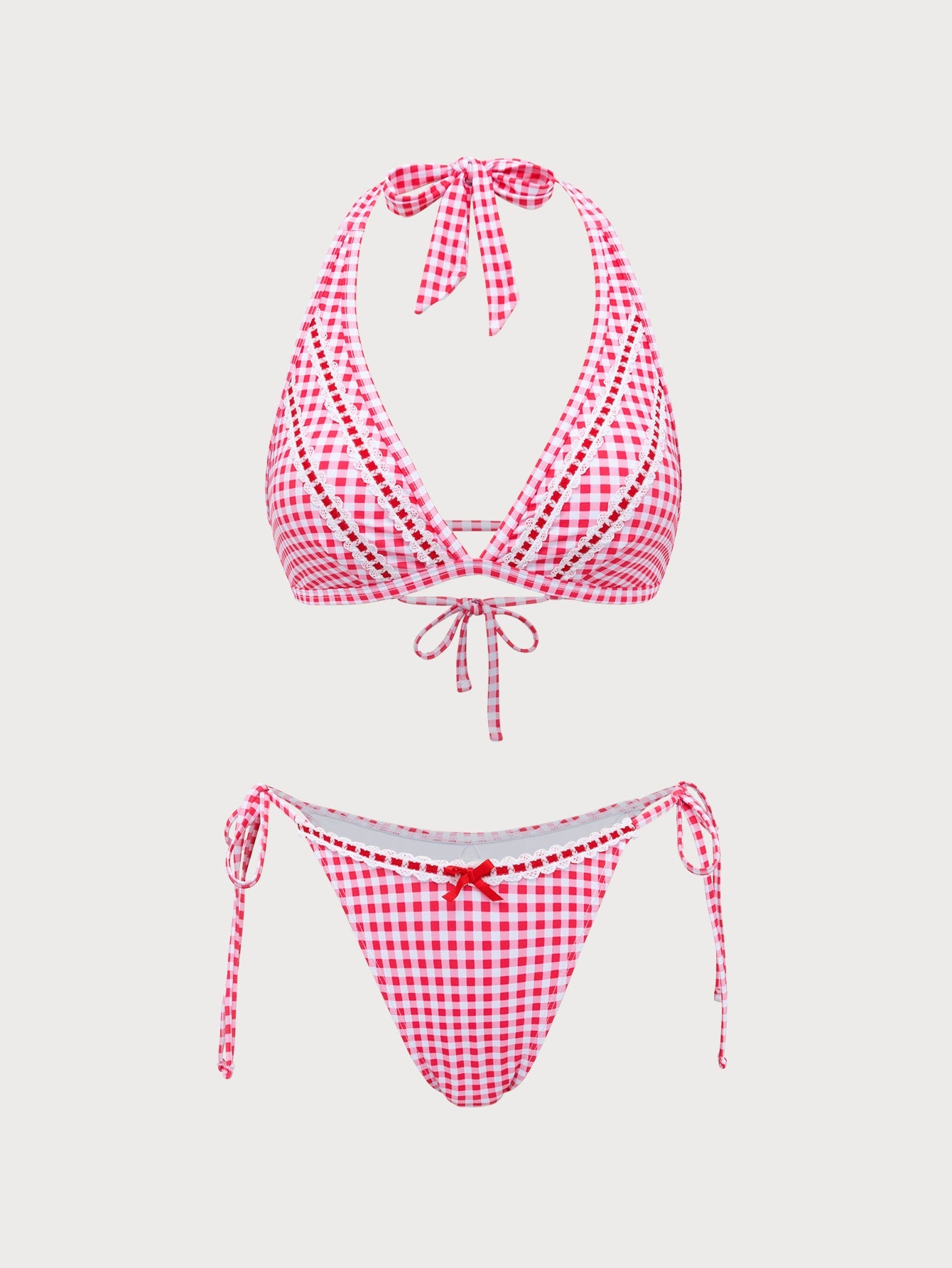 Red Plaid Print Web Bikini Set