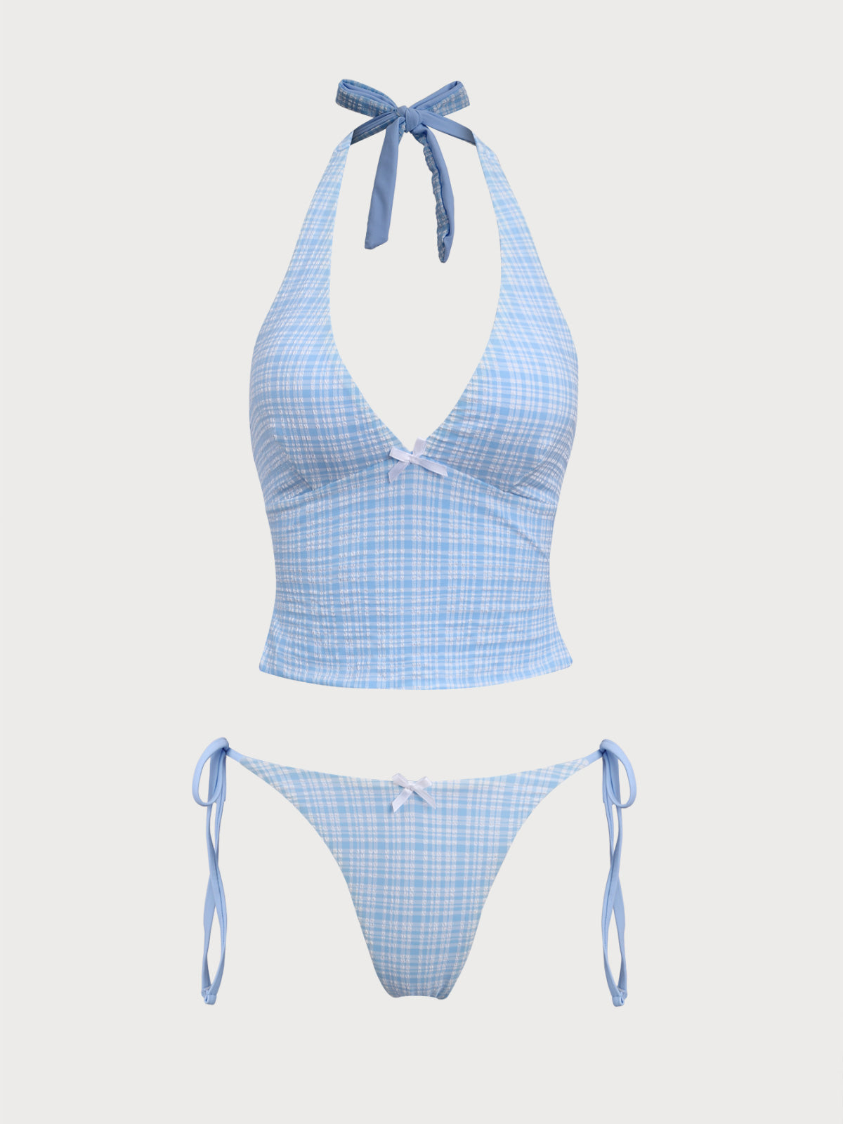 Blue Knitted Plaid Tankini Swimsuit
