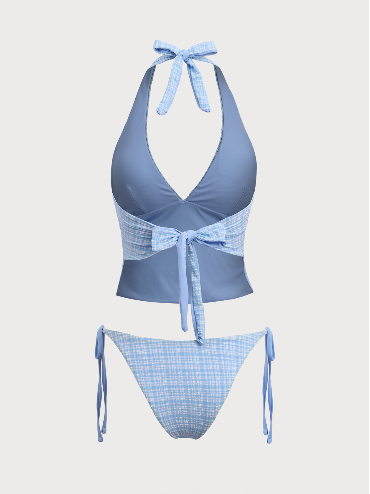 Blue Knitted Plaid Tankini Swimsuit