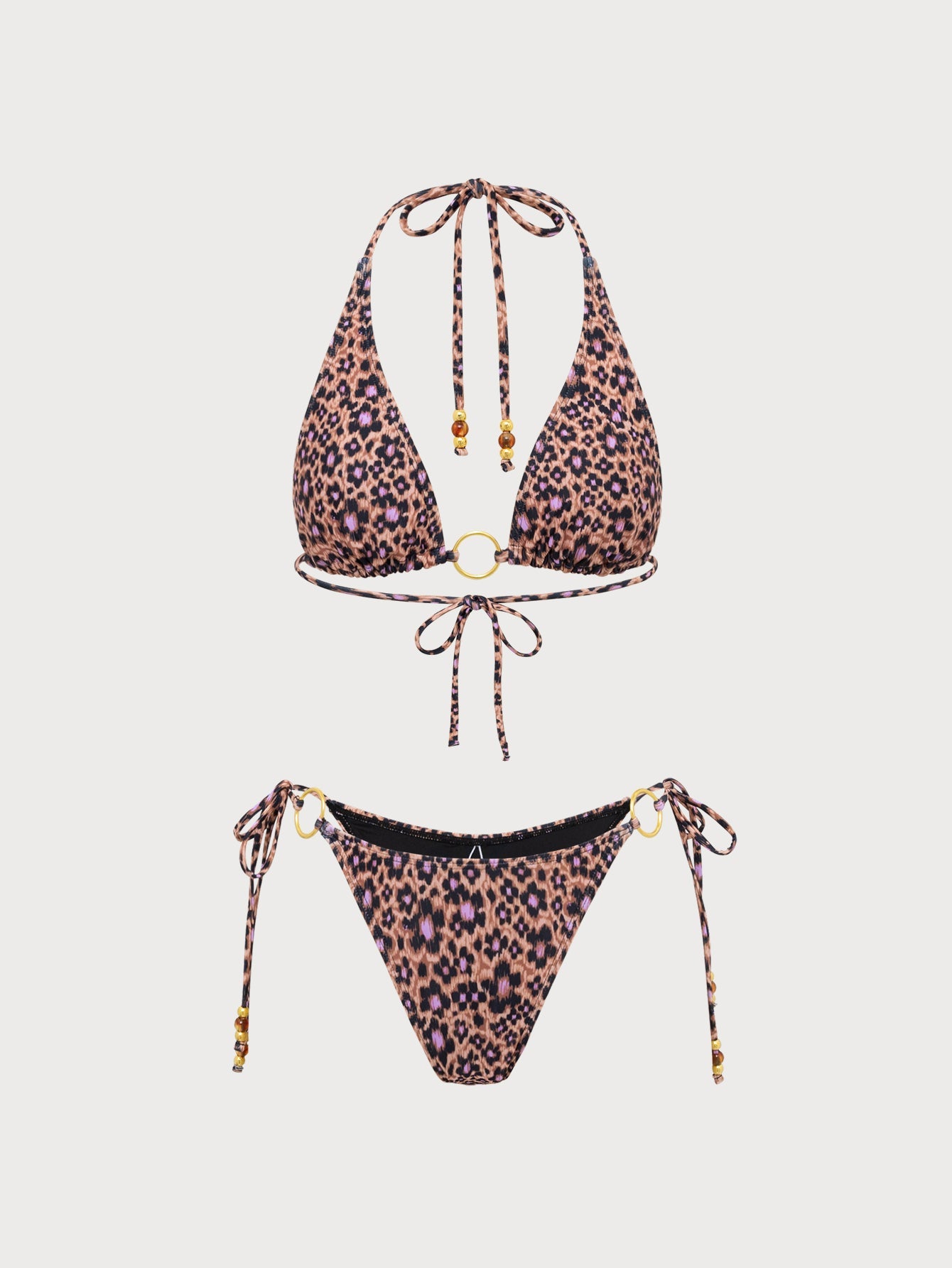 Brown Printed Beaded Bikini Set