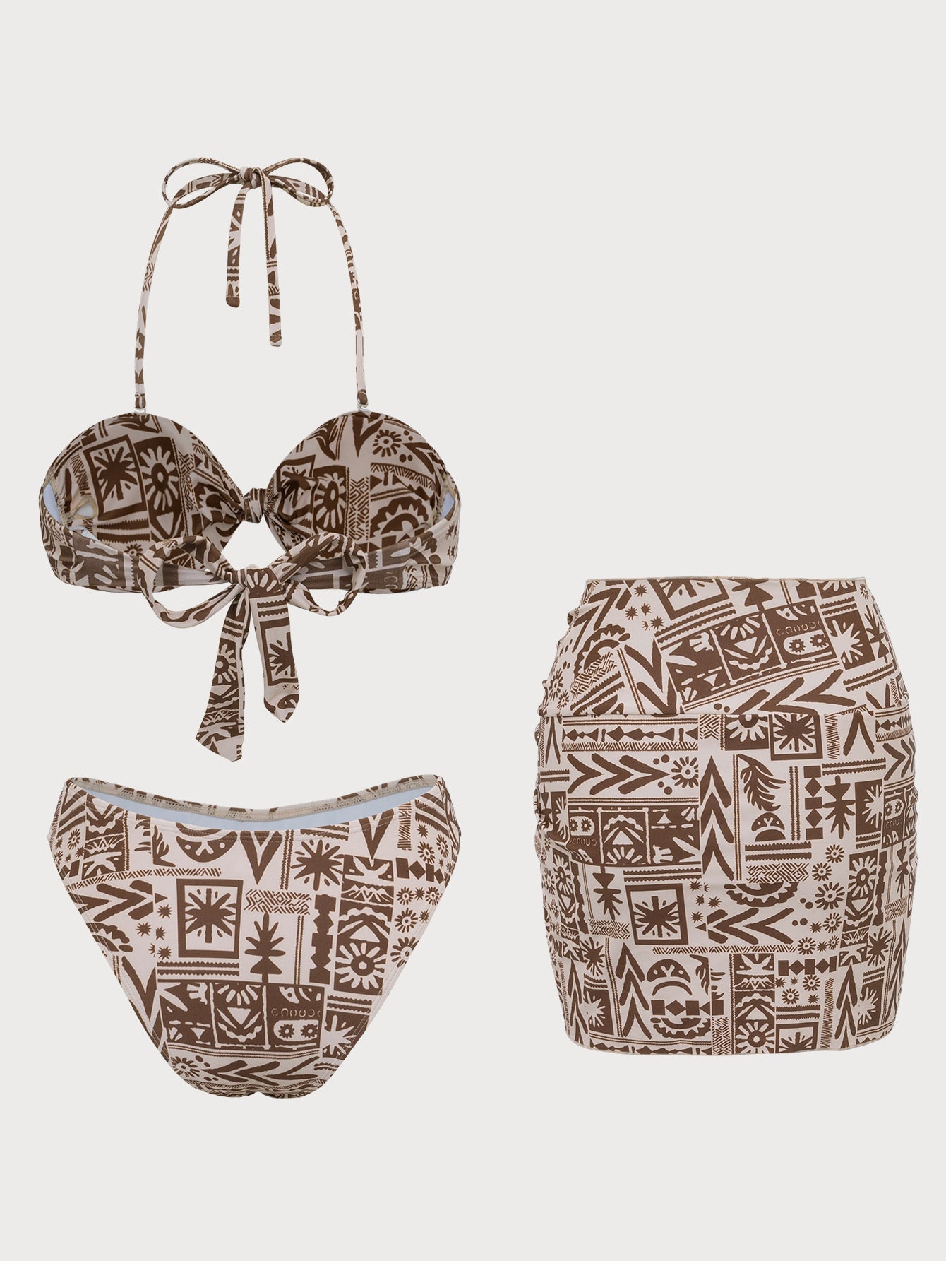 Brown Geometric Printed Bikini Three-Piece Set