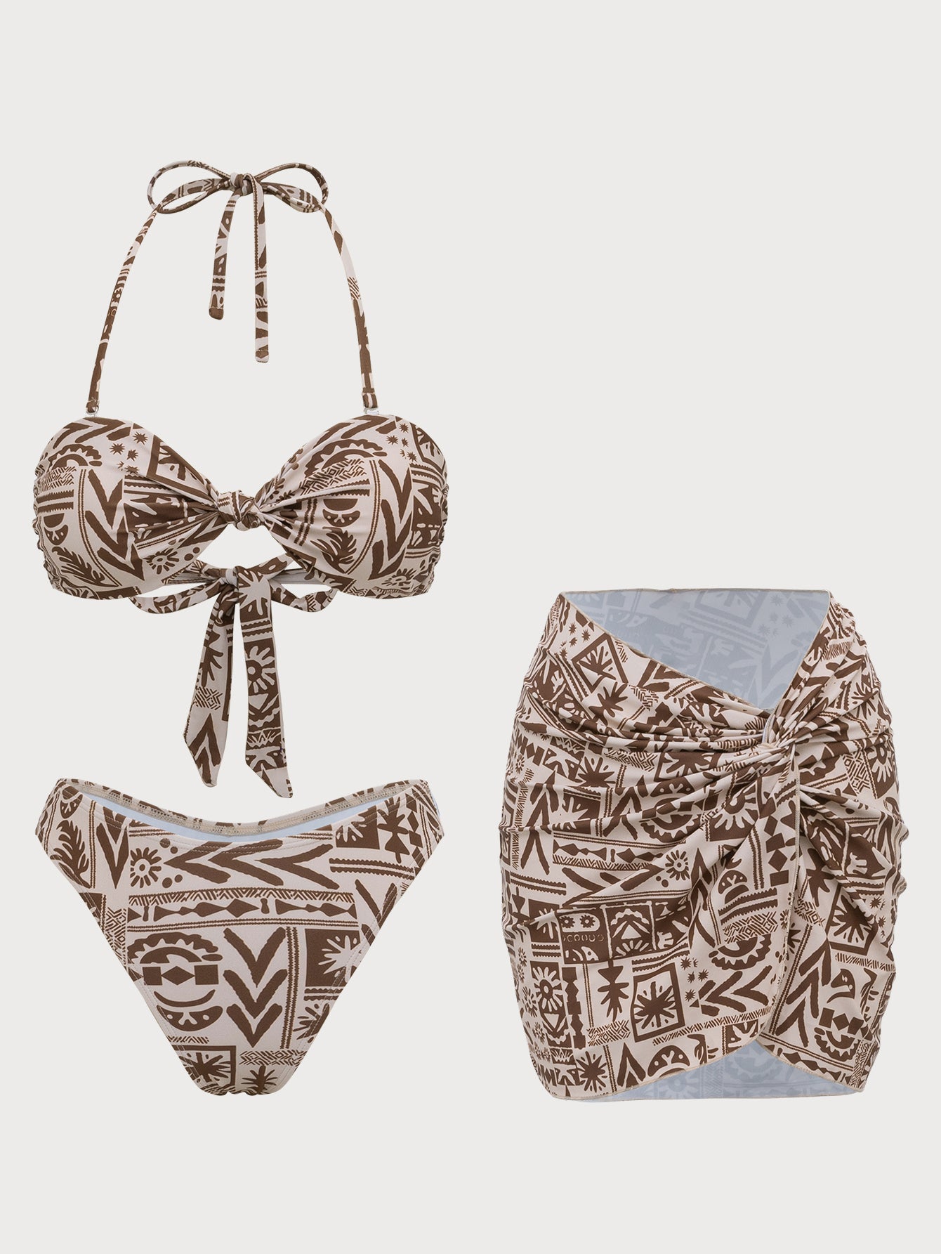 Brown Geometric Printed Bikini Three-Piece Set
