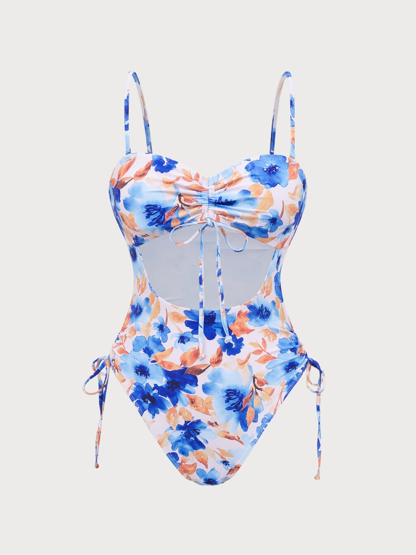 Blue Printed Cutout Wrinkled One-Piece Swimsuit