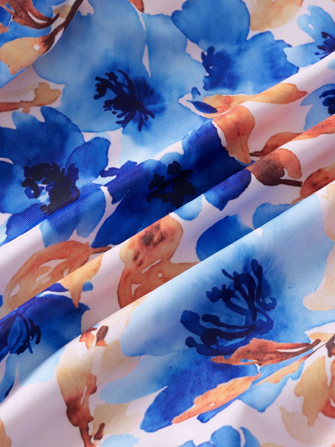 Blue Printed Cutout Wrinkled One-Piece Swimsuit