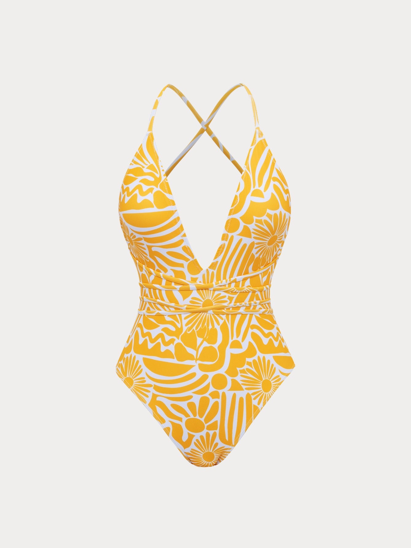 Yellow Printed Deep V One-Piece Swimsuit