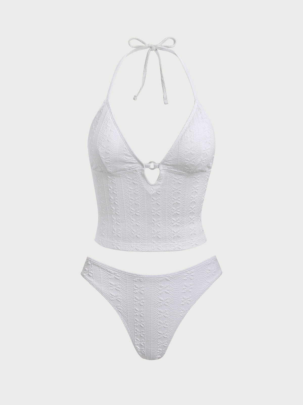 White Knitted Ring Hollow Tankini Swimsuit