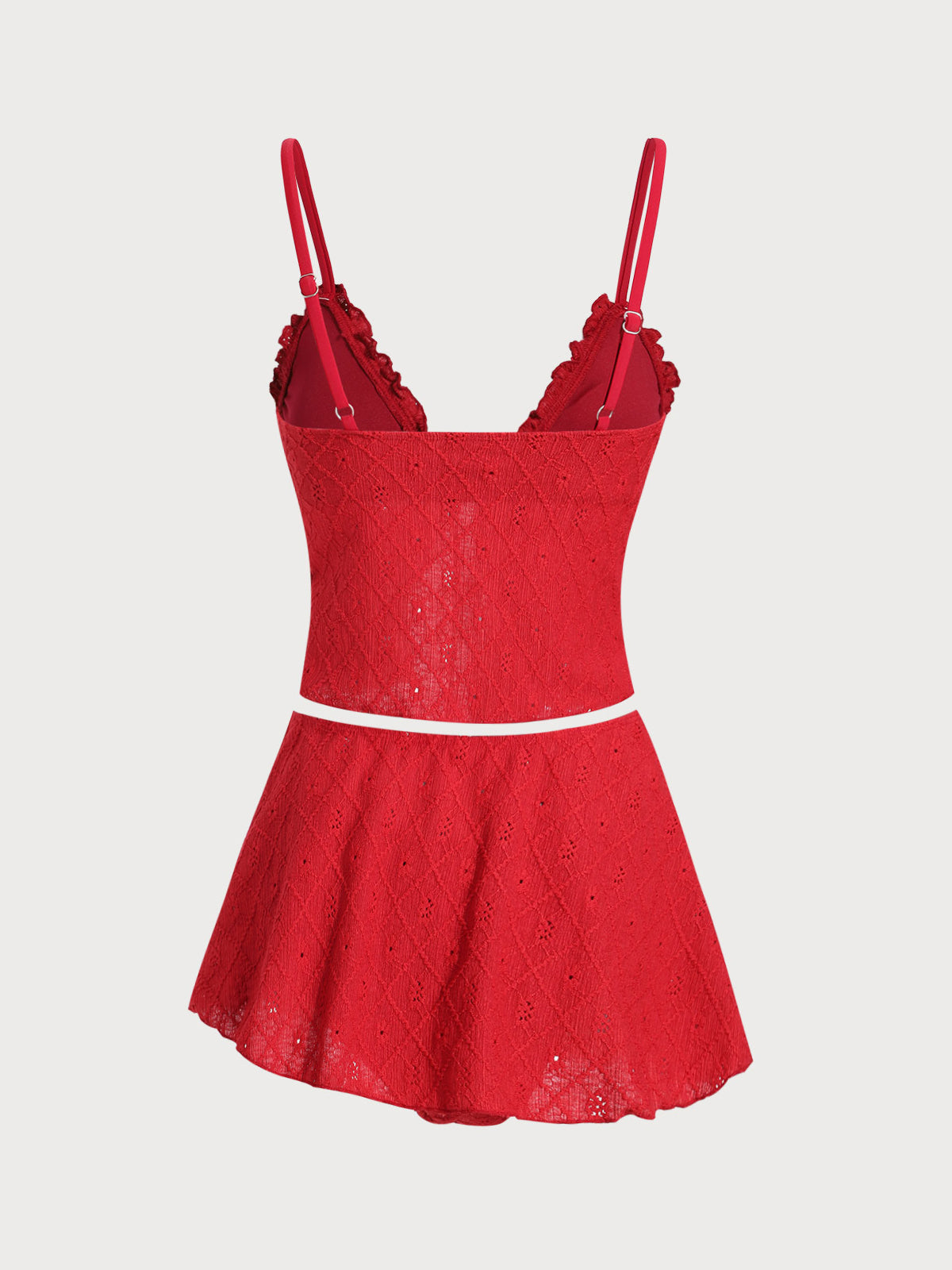 Wine Red Ruffle Front Tie Tankini Three-Piece Swimsuit