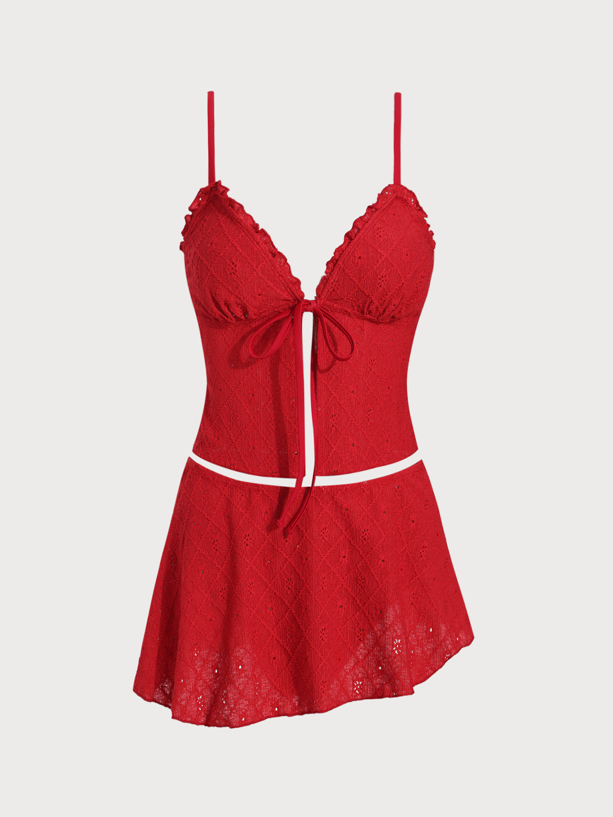 Wine Red Ruffle Front Tie Tankini Three-Piece Swimsuit