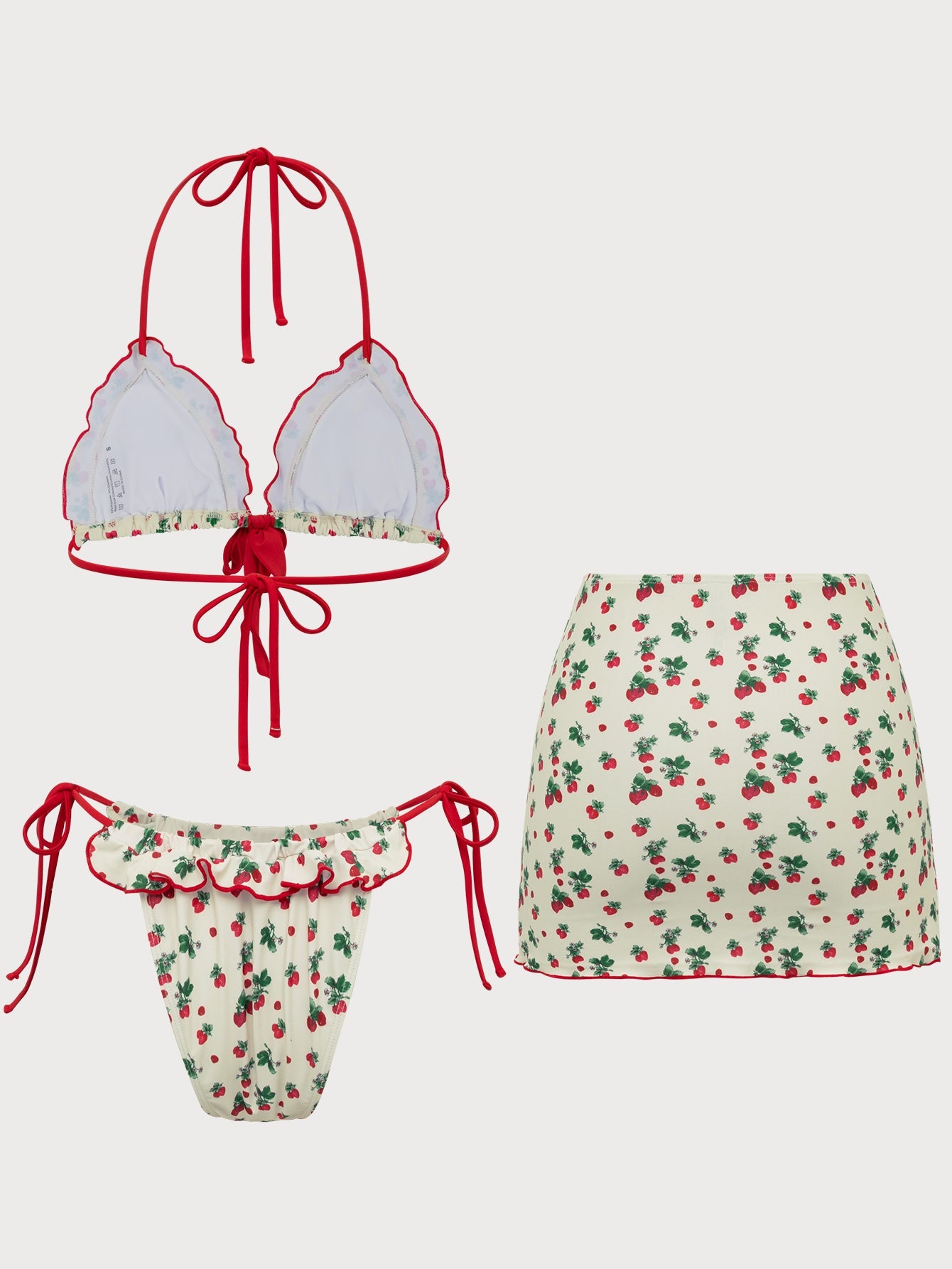 Off White Strawberry Print Ruffle Three-Piece Set