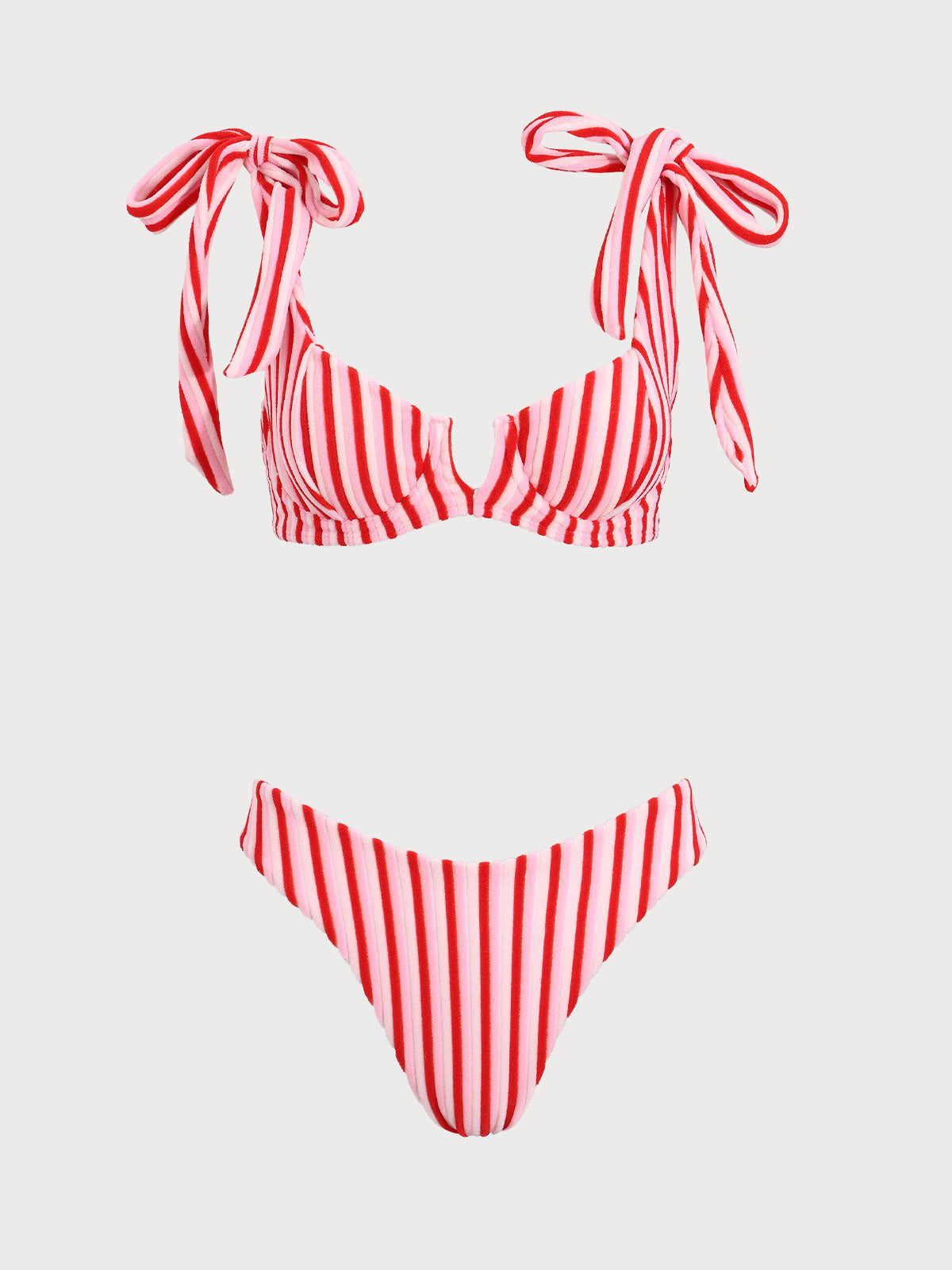 Pink Striped Bow V-Notch Bikini Set