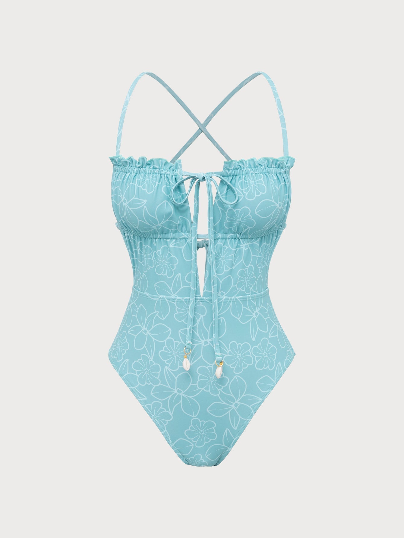 Light Blue Wrinkled Cutout One-Piece Swimsuit