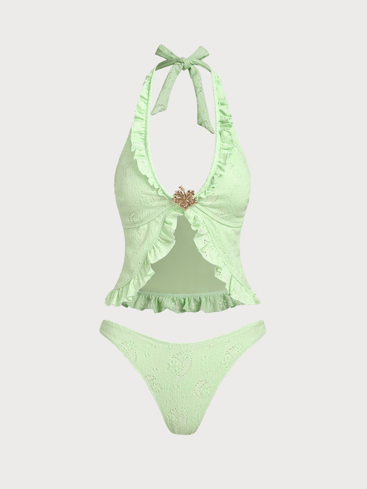 Light Green Flower Decoration Deep V Tankini Set