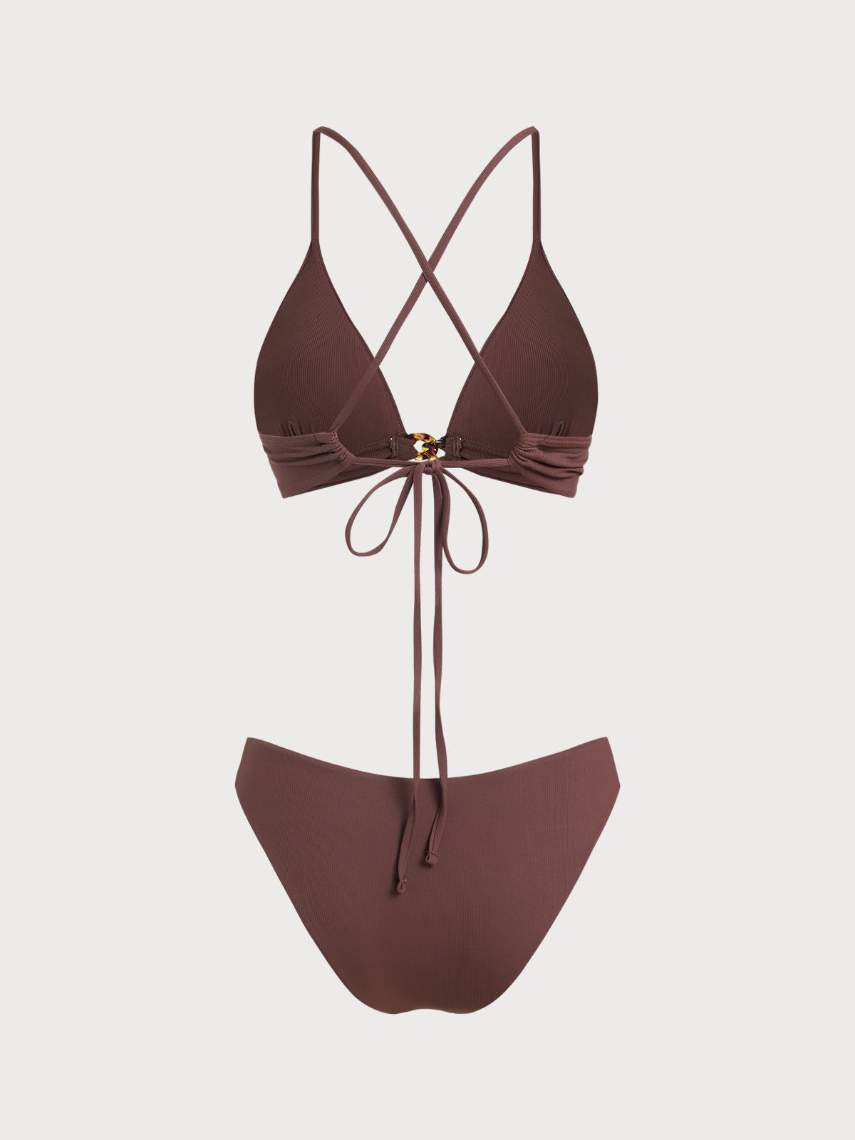Brown Ribbed Chain Decorated Bikini Set