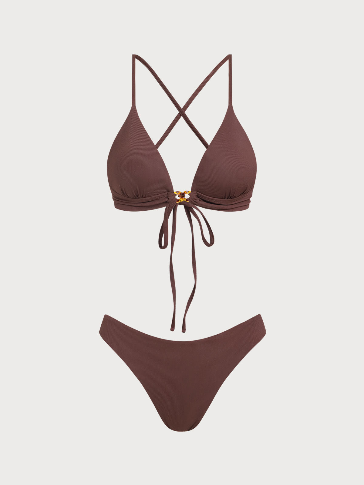 Brown Ribbed Chain Decorated Bikini Set