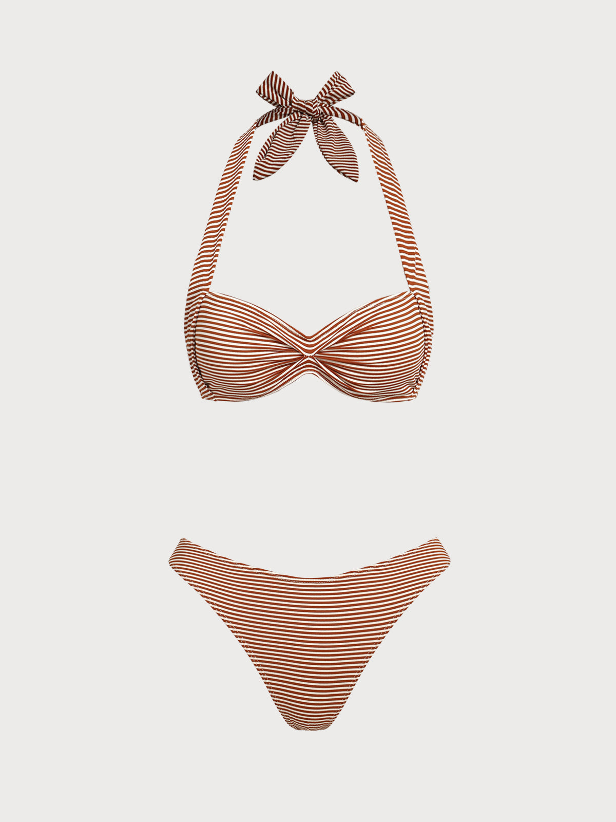 Brown Striped Ruched Vintage Bikini Set