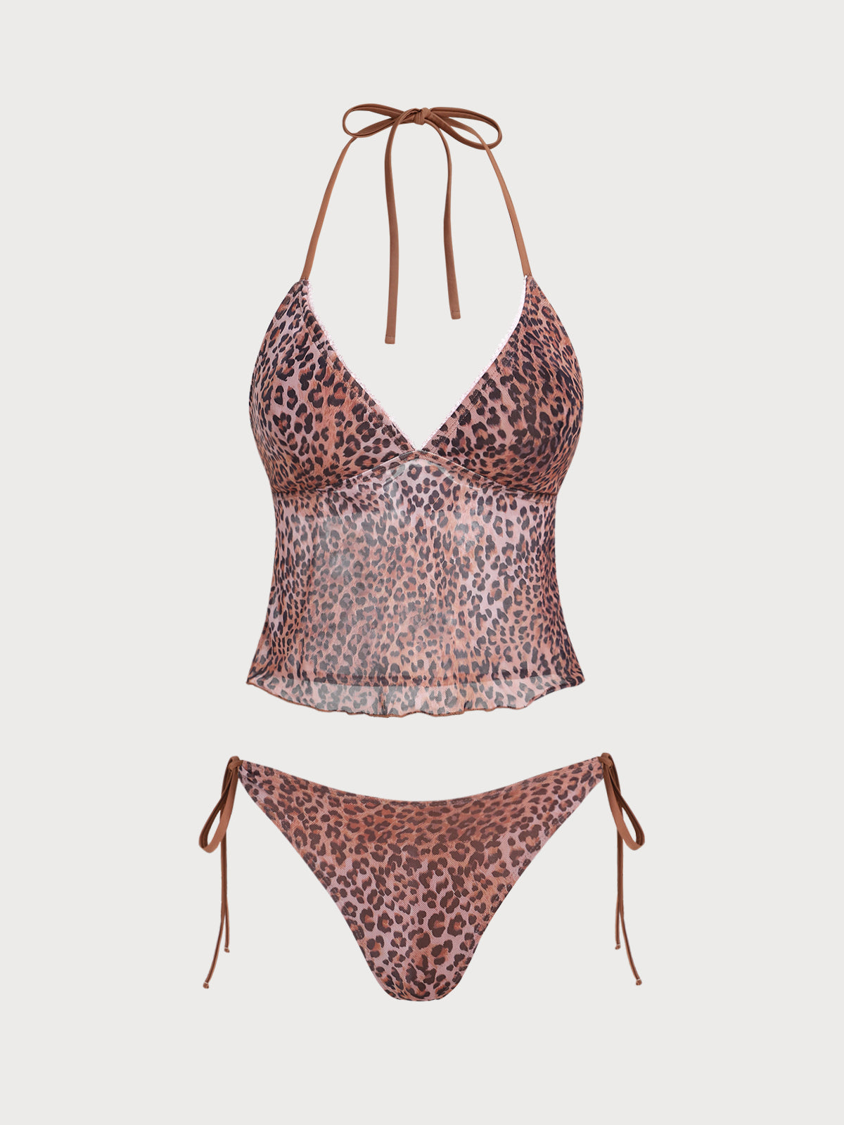 Brown Leopard Print Mesh Tankini Set
