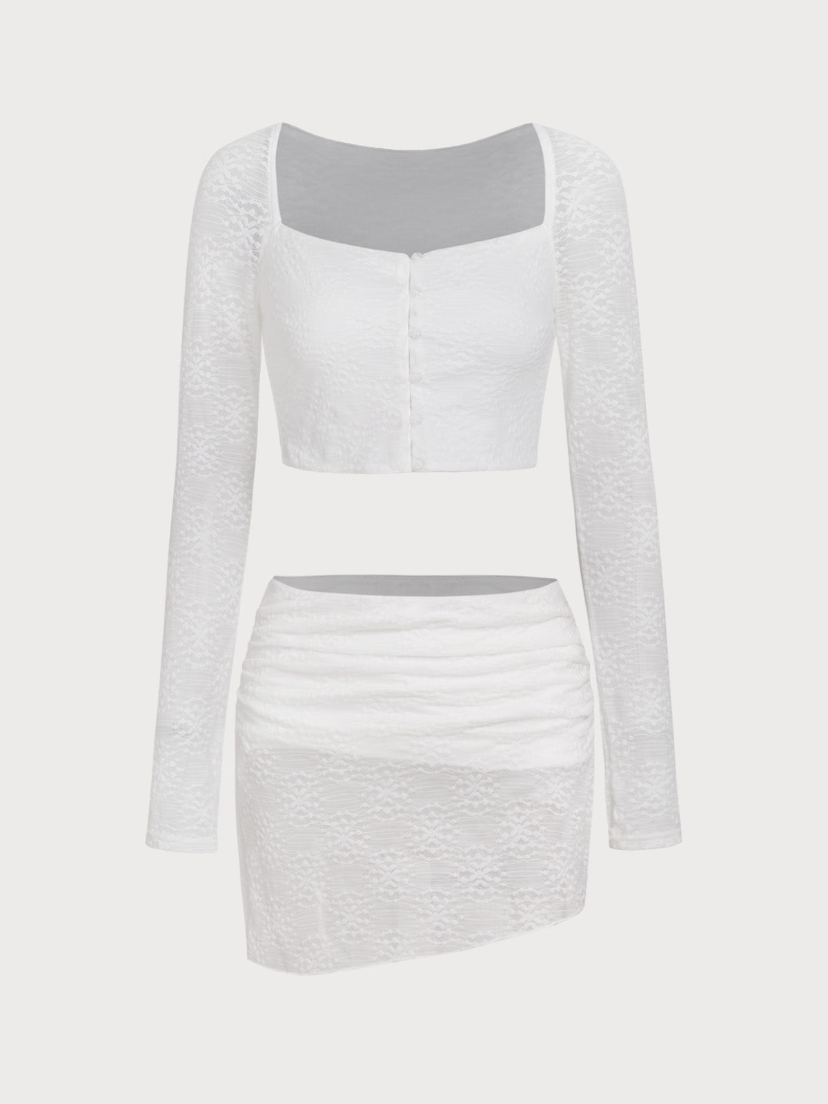 White Lace Long Sleeve Short Skirt Two-piece Set