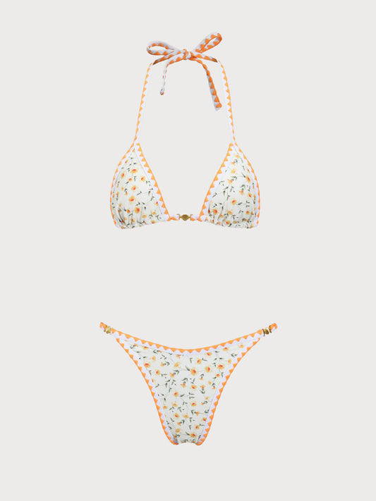 Yellow Floral Contrast Color Teeth Bikini Set
