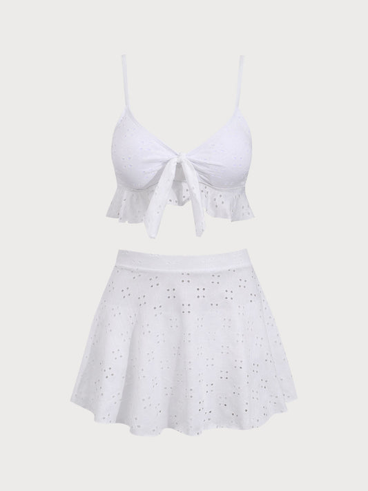 White Bow Ruffle Three-Piece Tankini Swimsuit