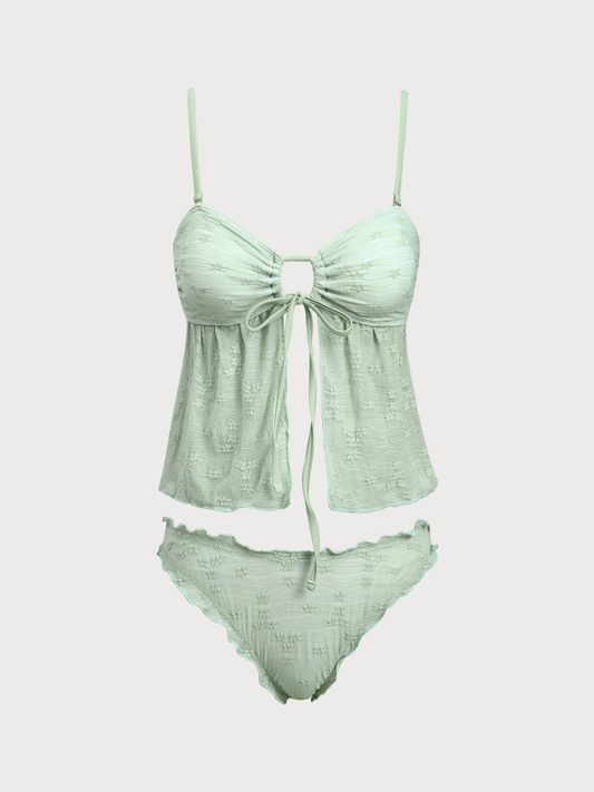 Green Cutout Tie-Front Tankini Swimsuit
