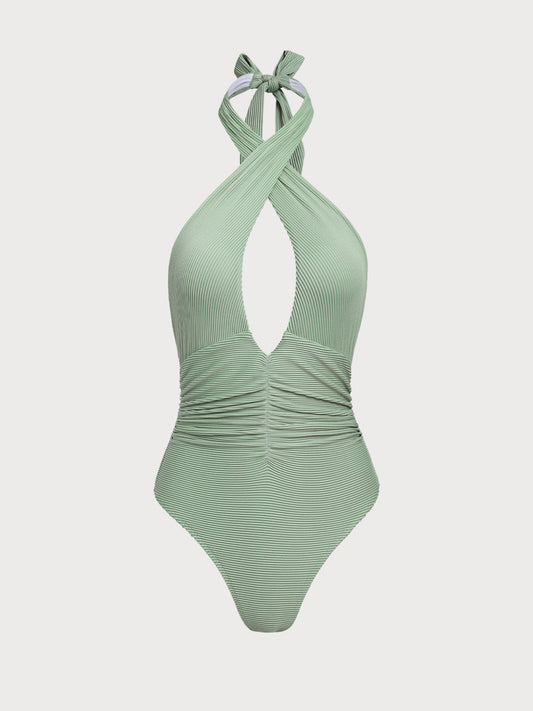 Grey Green Crossover Deep V One-Piece Swimsuit