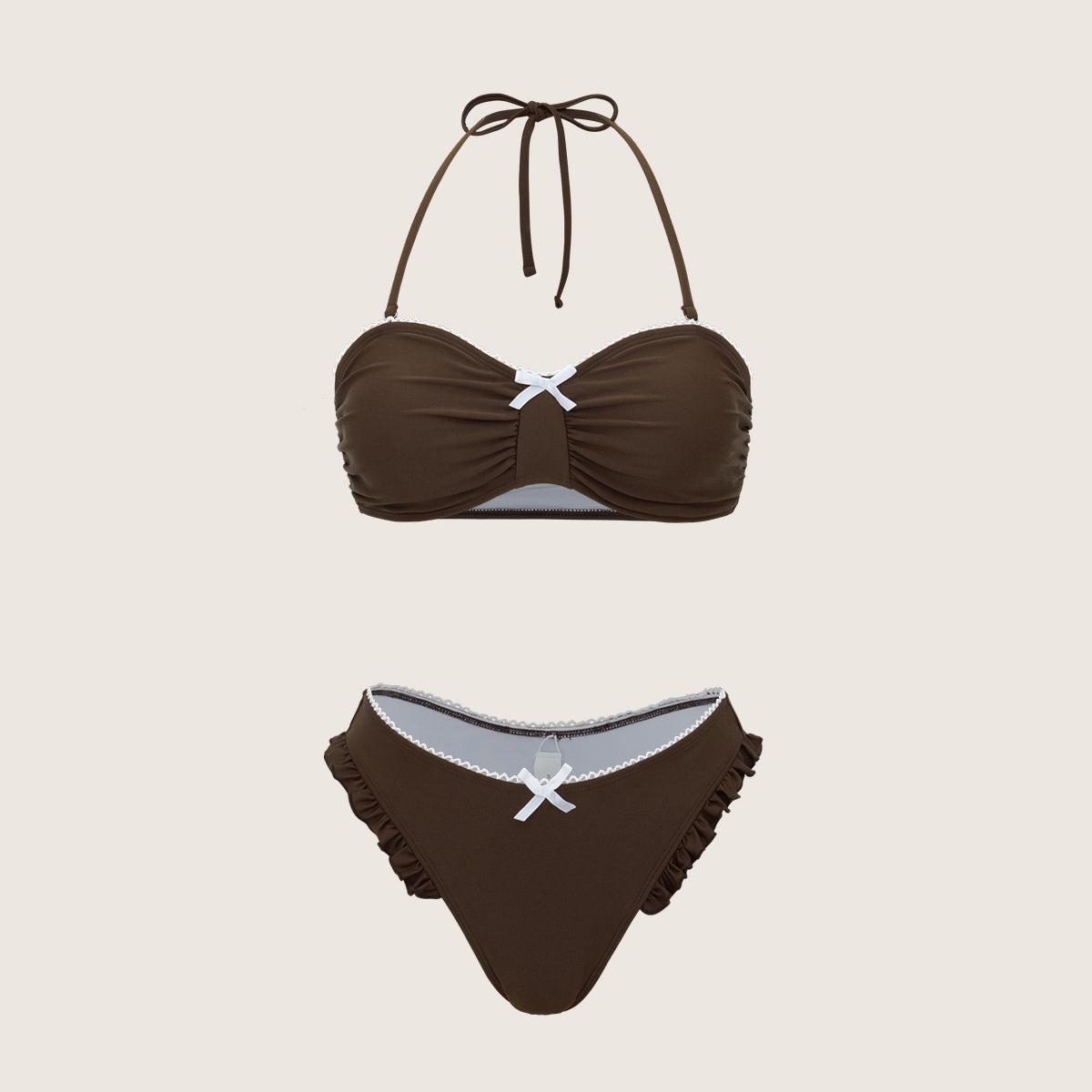 Brown Ruched Halter Bikini Set