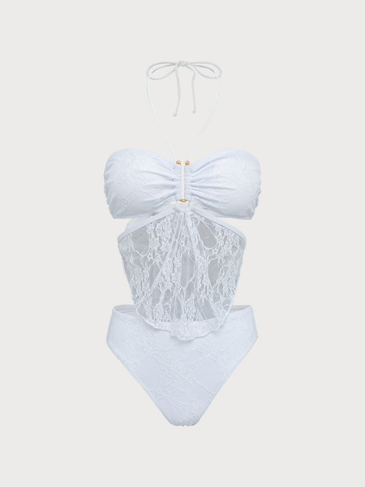 White Tube Top U-Shaped Lace Tankini Swimsuit