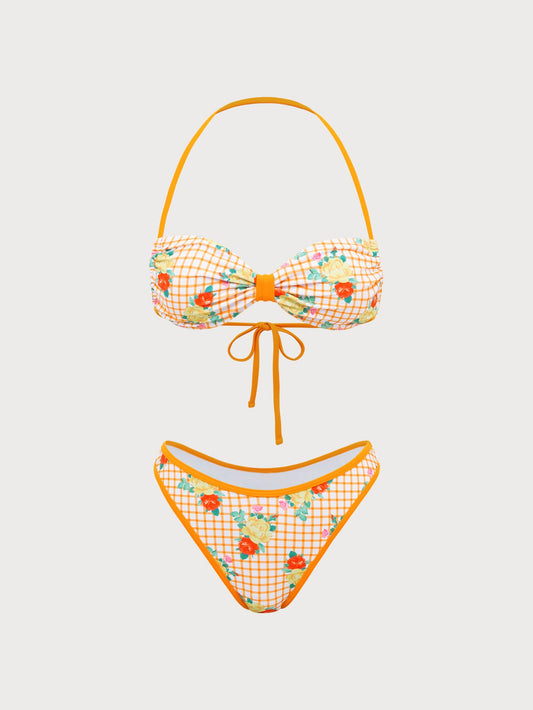 Yellow Floral Plaid Bikini Set