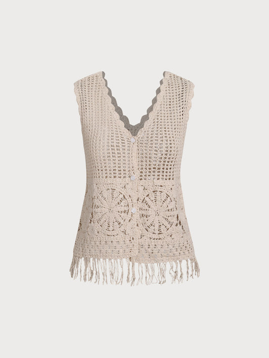 Apricot Crochet Net Button Vest Blouse
