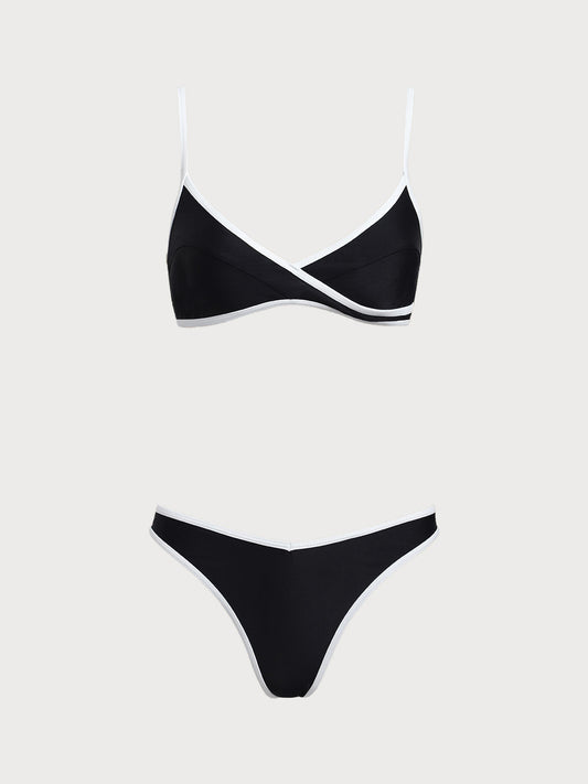 Black Contrasting And White Crossover Bikini Set